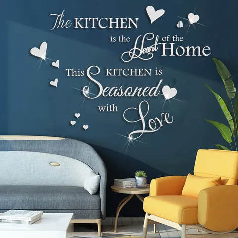 Acrylic Kitchen English Slogan And Heart Mirror Wall Sticker Removable 3D Art Decal For Living Room Home Decor