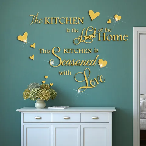 Acrylic Kitchen English Slogan And Heart Mirror Wall Sticker Removable 3D Art Decal For Living Room Home Decor