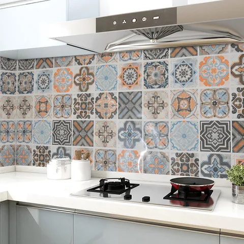 Waterproof Oil-Proof PVC Kitchen Wall Sticker Self-Adhesive Removable Geometric Grid Moroccan Tile Home Decor Wallpaper