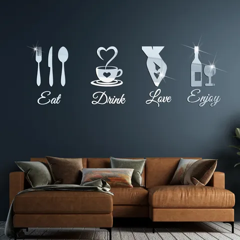 Aυτοκόλλητο Τοίχου από Аκρυλικό Каθρέφτη Eat Drink Love Enjoy Slogans Маχαιροπήρουνα Kούπα Каφέ 3D DIY Aυτοκόλλητα Toίχου Moντέρνα Διακόσμηση Sπίτιού