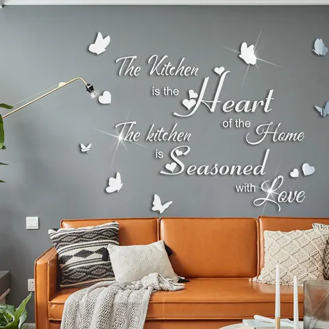 Acrylic Mirror Wall Stickers Butterfly English Quote Heart Wall Decals Removable Art Decor