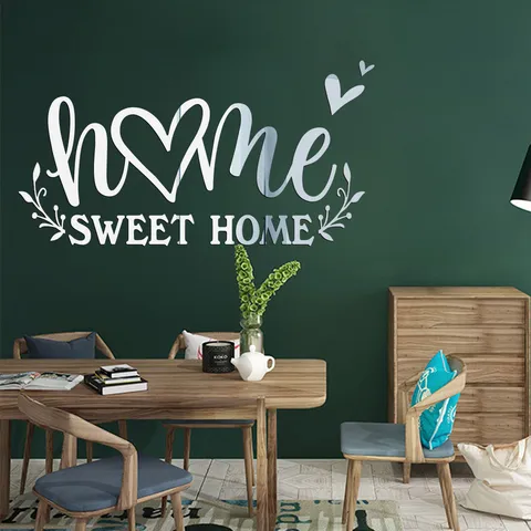 Sticker Mural Miroir Acrylique DIY Home Sweet Home Lettre Cœur Feuille Imperméable Autocollant Mural Pour Chambre d'Enfant Salon Chambre
