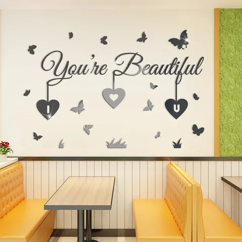 Adhesivo de Pared Acrílico Espejo DIY Eres Hermosa Corazón Letras Inglés