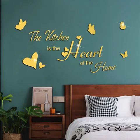 DIY Acrylic Mirror Wall Sticker Kitchen Is The Heart Of The Home English Quote Art Decal Waterproof Self-Adhesive Home Decor