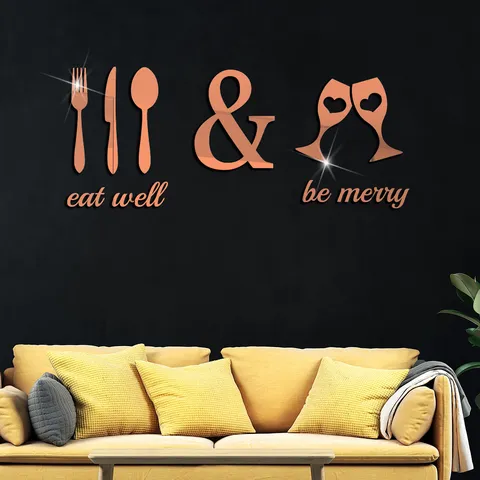Acrylic Mirror Wall Sticker DIY Cutlery And Eat Well Letters Art Decal For Kitchen Dining Room Home Decor