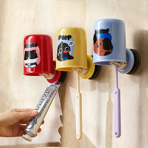 Dopamine Suction Toothbrush Holder Wall Mounted Punch Free Bathroom Tumbler Toothpaste Storage Rack Organizer Set