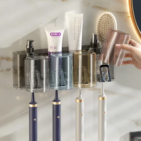 Wandmontierter Zahnbürstenhalter Kunststoff Badezimmer Organizer Set Mit Mundspülbechern Ohne Bohren Zahnbürstenständer Aufbewahrung
