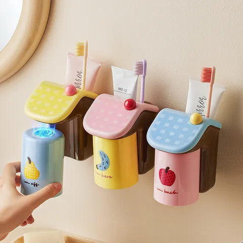 Magnetischer Wand-Zahnbürstenhalter Waschbecher-Set Süßes Haus Design ABS Kunststoff Badezimmer Organizer