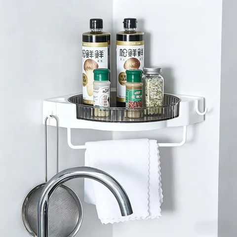 Punch Free Bathroom Corner Storage Shelf Rotating Plastic Organizer Wall Mounted Multipurpose Cosmetic Rack