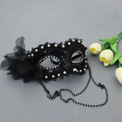 Lace Masquerade Mask With Pearl Rhinestone Tassels Elegant Eye Mask For Halloween Party Women Costume Performance
