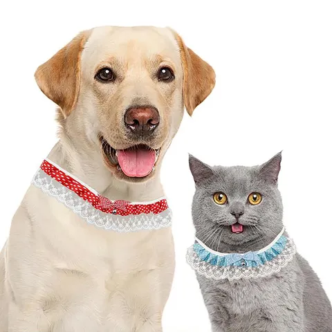 Cute Lace Polka Dot Pet Cat Dog Collar With Bow Bell Small Pet Bib Neckerchief Fashion Pet Accessories
