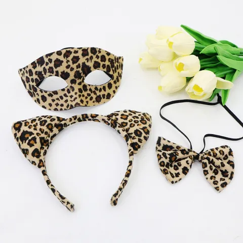 Halloween Imprimé Léopard Masque Demi-Visage Oreilles de Chat Serre-tête Nœud Set Costume Fête Déguisement Sexy Accessoires
