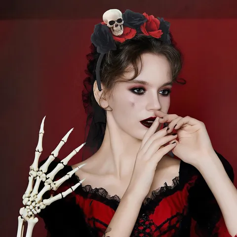 Halloween Gothic Rose Skull Headband Black Lace Veil Day of the Dead Party Hair Hoop Women Costume Accessories