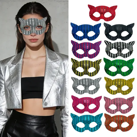 Halloween Party Sequin Cat Face PVC Mask Masquerade Performance Half Face Mysterious Sexy Dress Up Costume Props