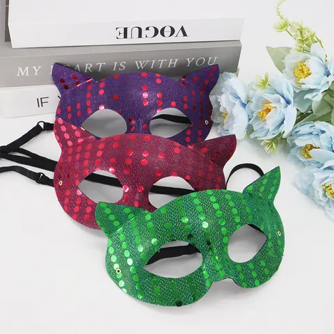 Halloween Party Sequin Cat Face PVC Mask Masquerade Performance Half Face Mysterious Sexy Dress Up Costume Props