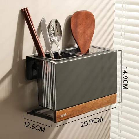 Porte-baguettes Mural pour Cuisine en Acier au Carbone Organisateur de Couverts avec Ventouse et Plateau de Vidange