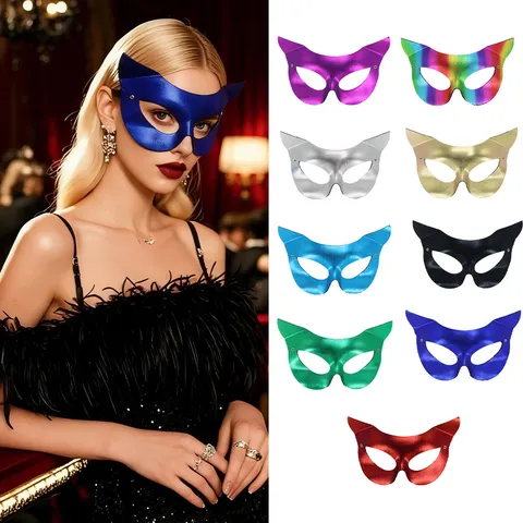 Halloween PVC Katzenmaske Sexy Damen Maskenball Party Performance Kostüm Requisiten Metallische Halbe Gesichtsmaske