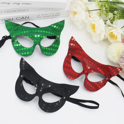 Halloween Masquerade Sequin Cat Face Mask Sexy Costume Party Performance Eye Mask PVC Party Props