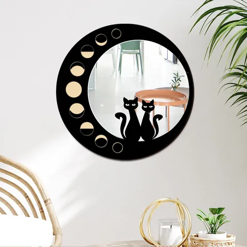 Boho Rotondo Specchio in Legno Decorazione Murale Fase Lunare Ornamento da Appendere con Silhouette di Gatto Nero