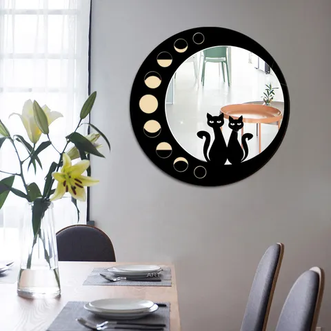 Boho Rotondo Specchio in Legno Decorazione Murale Fase Lunare Ornamento da Appendere con Silhouette di Gatto Nero