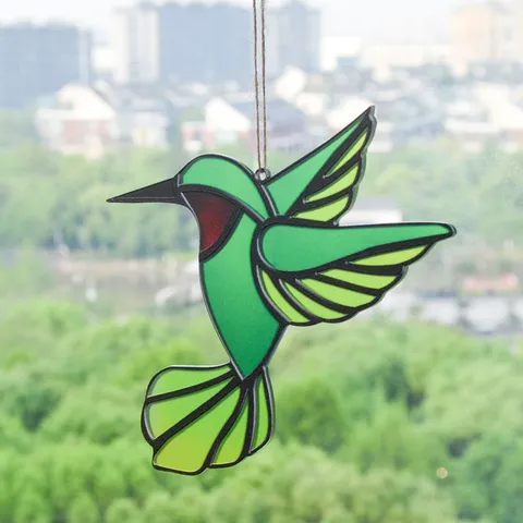 Stained Glass Acrylic Hummingbird Sun Catcher Window Hanging Ornament With Hemp Rope And Hook For Home Decor