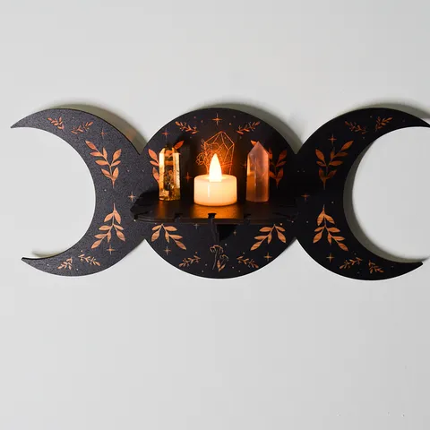 Étagère Murale en Bois de Phase Lunaire Bohème Bougeoir en Cristal Bois Noir Support d'Affichage Suspendu pour Décoration Intérieure