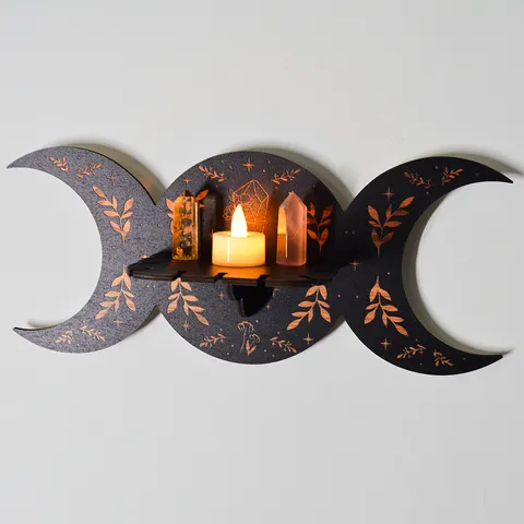 Étagère Murale en Bois de Phase Lunaire Bohème Bougeoir en Cristal Bois Noir Support d'Affichage Suspendu pour Décoration Intérieure