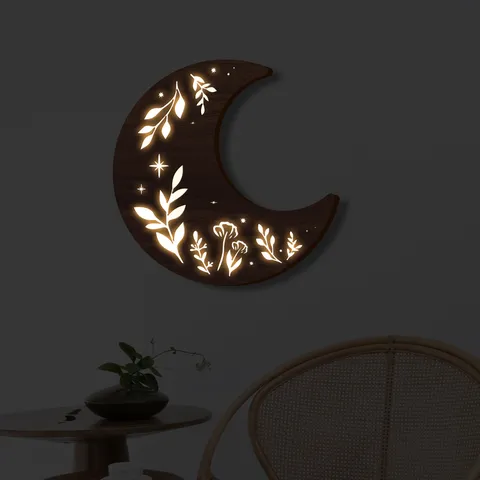 Nordic Bohemian Wooden Moon Hollow LED Night Light Wall Hanging Decor Living Room Bedroom Home Art Ornament