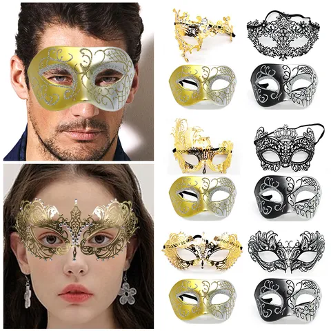 Conjunto de Máscara de Mascarilla Estrás Metal Hierro Media Cara Máscara Veneciana Fiesta de Halloween Accesorios de Disfraces para Mujeres