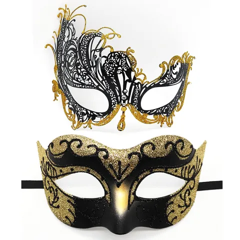Máscara de Mascarada de Media Cara Strass Metal Jazz Fiesta Máscara Pareja Set Para Halloween Carnaval Baile Disfraz