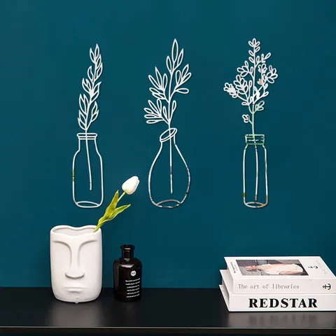 3D Acrylic Mirror Wall Stickers Plant Flower Vase Wall Decals Self-Adhesive Home Decor Art For Living Room