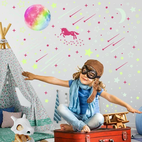 Glow In The Dark Wall Stickers Luminous Unicorn Stars Moon Rainbow Wall Decals For Kids Room Bedroom Ceiling Decoration