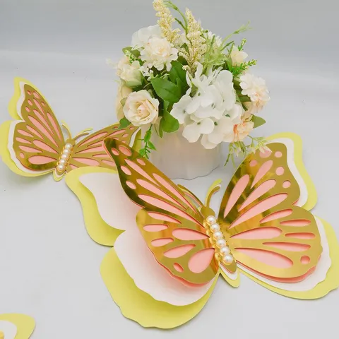 3D Hollow Butterfly Wall Stickers Pearlescent Paper Butterfly Decals With Pearls For Wedding Home Party Decor