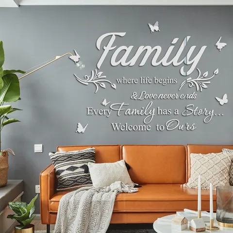 Acrylic Mirror Wall Sticker English Quote Family Decal Butterfly Vine Art Decor For Living Room Bedroom