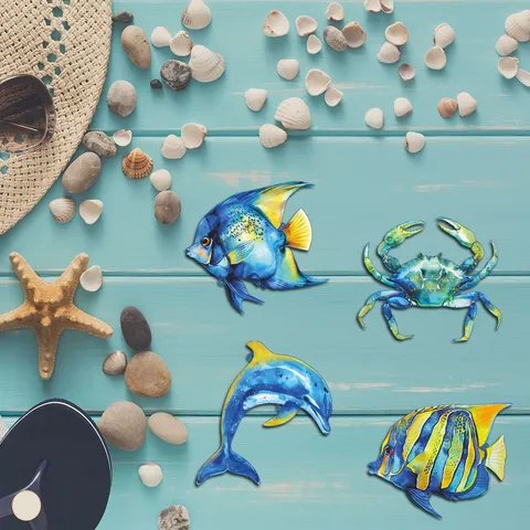 Arte da Parete Marina in Metallo Decorazione Animale Oceanico Scultura Sospesa Delfino Granchio Conchiglia Casa Soggiorno Interno Esterno Decorazione