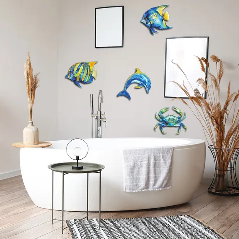 Arte da Parete Marina in Metallo Decorazione Animale Oceanico Scultura Sospesa Delfino Granchio Conchiglia Casa Soggiorno Interno Esterno Decorazione
