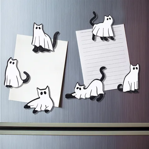 Halloween Ghost Cat Wooden Refrigerator Magnets Set Black White Funny Spooky Fridge Sticker Home Kitchen Decor