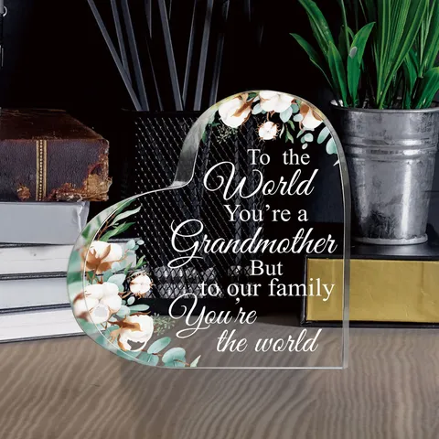 Acrylic Heart Table Ornament UV Printed Floral Inspirational Quote Clear Desktop Decor Gift For Mom Home