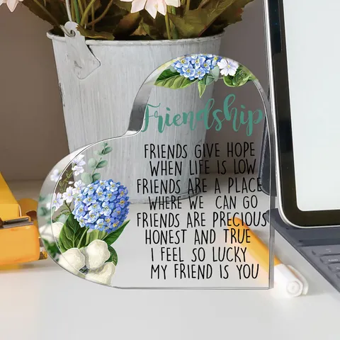 Transparent Acrylic Heart Tabletop Sign Friendship Quote Plaque Modern Minimalist Desktop Ornament Home Office Decor