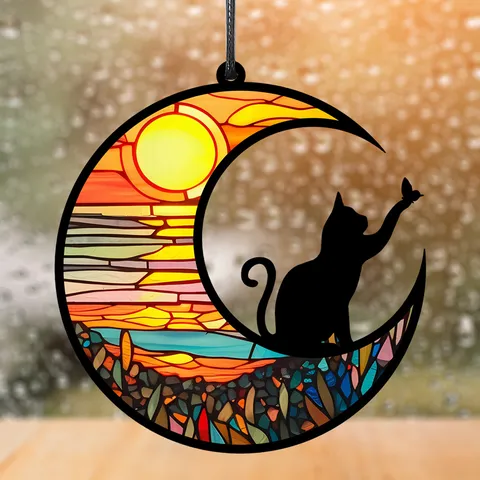 Acryl Mond Katze Hängeplakette Moderne Heimdekoration Fenster Wand Hängeornament Mit Schwarzem Seil Und Saugnapf