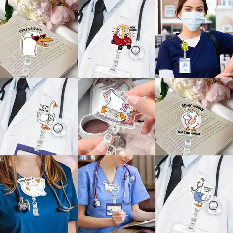 Drôle de Porte-Badge Silly Goose en Acrylique Rétractable Porte-Carte d'Identité Étui Mignon Médecin Infirmière Bureau École Accessoires Étudiants