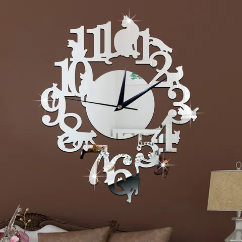 Reloj de Pared de Espejo Acrílico DIY Creativo Diseño de Gato Reloj de Cuarzo Silencioso Para Sala Oficina Decoración del Hogar