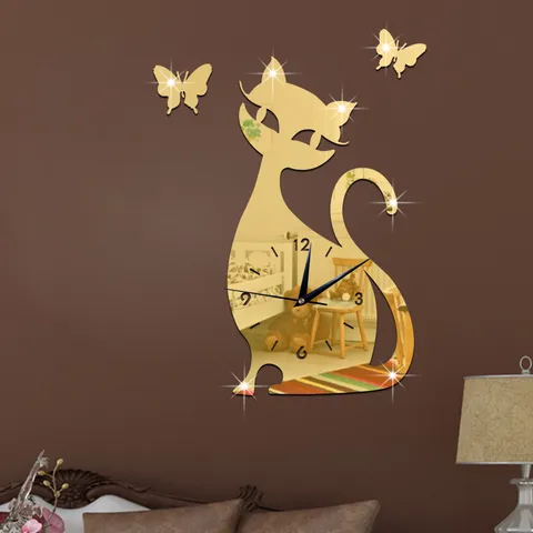 DIY Acrylic Mirror Cat Wall Clock Silent 3D Wall Sticker Modern Minimalist Art Decor For Living Room Bedroom Home Interior