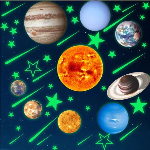 Solar System Luminous Wall Stickers Glow in the Dark Planets Stars Shooting Stars Ceiling Decals for Kids Room Home Decor
