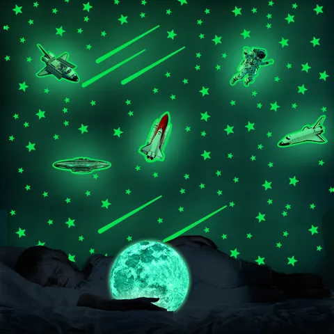 Glow in the Dark Stars and Moon Wall Stickers Luminous Space Astronaut Decals for Kids Bedroom Home Decor