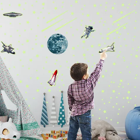 Glow in the Dark Stars and Moon Wall Stickers Luminous Space Astronaut Decals for Kids Bedroom Home Decor