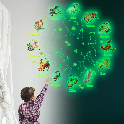 12 Dierenriemtekens Lichtgevende Muurstickers Glow in the Dark Cartoon Sterren Decals voor Kinderkamer Slaapkamer Huisdecoratie
