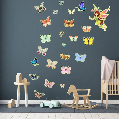 Stickers Muraux Papillon et Fée en PVC Brillant dans le Noir Adhésifs Muraux Cartoon Lumineux pour Chambre d'Enfant