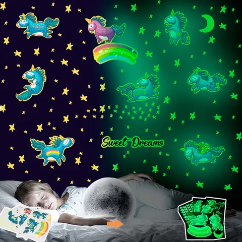 Adesivi Murali Luminosi Unicorno Stelle Luna Brillano al Buio Decals da Muro in PVC per Camera dei Bambini