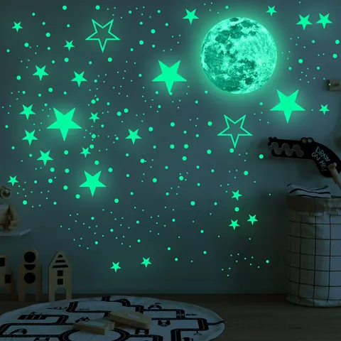 Stickers Muraux Lumineux Lune Et Étoiles Brillent Dans Le Nuit Autocollants Muraux En PVC Fluorescent Pour Chambre D'Enfant Chambre Décoration De Maison